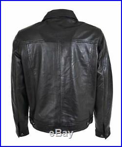 Mens Soft Leather Trucker Jacket Black American Western Coat