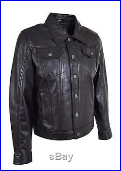 Mens Soft Leather Trucker Jacket Black American Western Denim Levi Style Coat