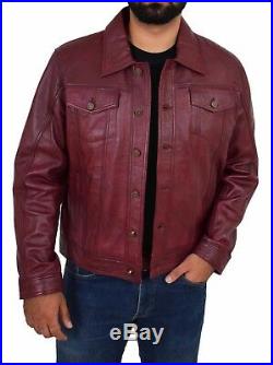 Mens Soft Leather Trucker Jacket Burgundy American Western Denim Levi Style Coat