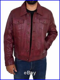 Mens Soft Leather Trucker Jacket Burgundy American Western Denim Levi Style Coat