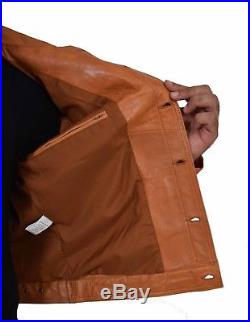 Mens Soft Leather Trucker Jacket Tan American Western Denim Levi Style Coat NEW