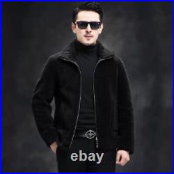 Mens Stand Collar Short Coat Jacket Real Lamb Wool Shearling Fur Zip Overcoat Sz