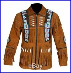 Mens Suede Leather Cowboy Native American Fringe Style Western Zip Coat/Jacket