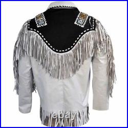 Mens Suede Leather Jacket Western Coat Fringes Beads American Indian 80's Style