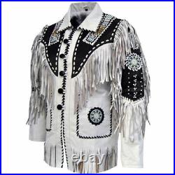 Mens Suede Leather Jacket Western Coat Fringes Beads American Indian 80's Style