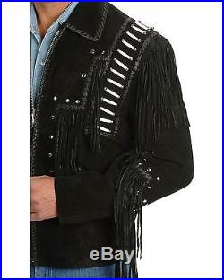 Mens Traditional Leather Western Jacket Coat With fringes bones & beads Cowboy