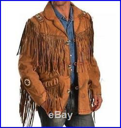 Mens Traditional Suede Leather Western Jacket Coat With fringes bones & beads