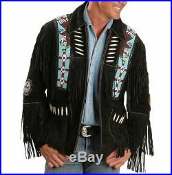Mens Traditional Suede Leather Western Jacket Coat With fringes bones & beads
