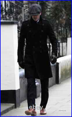 Mens Trench Coat Black Winter Tweed Jacket Evening Party Double Breasted Coat
