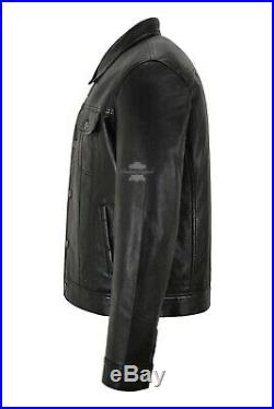 Mens Trucker Leather Jacket Black Real Lambskin Classic Western Style 1280