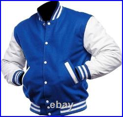Mens Varsity Letterman Wool Jacket Faux Leather Bomber Baseball Coat
