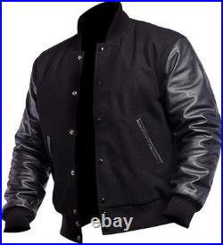 Mens Varsity Letterman Wool Jacket Faux Leather Bomber Baseball Coat