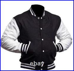 Mens Varsity Letterman Wool Jacket Faux Leather Bomber Baseball Coat