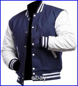 Mens Varsity Letterman Wool Jacket Faux Leather Bomber Baseball Coat