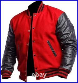 Mens Varsity Letterman Wool Jacket Faux Leather Bomber Baseball Coat