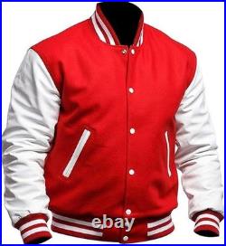Mens Varsity Letterman Wool Jacket Faux Leather Bomber Baseball Coat
