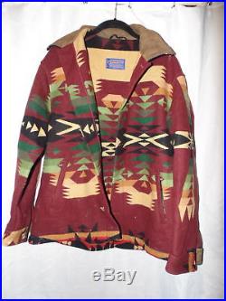 Mens Vintage Large Pendleton Western Wear Wool Coat Navajo Jacket Leather Collar