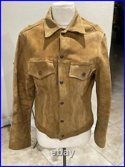 Mens Vintage Levis Big E Brown Slimtab Leather Ranch Western Jacket Coat Small