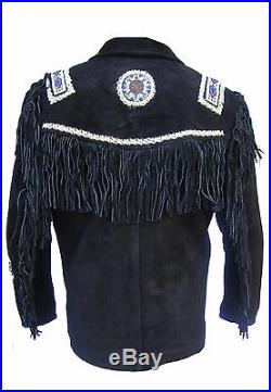Mens Western Beaded & Fringed Leather Suede Cowboy Eagle Jacket Tan/Black/Beige