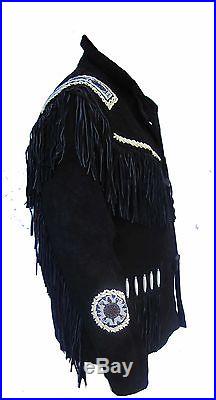 Mens Western Beaded & Fringed Leather Suede Cowboy Eagle Jacket Tan/Black/Beige