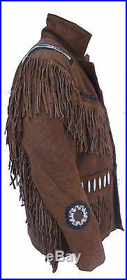 Mens Western Beaded & Fringed Leather Suede Cowboy Indian Jacket BrownTan144