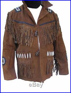Mens Western Beaded & Fringed Leather Suede Cowboy Indian Jacket BrownTan144