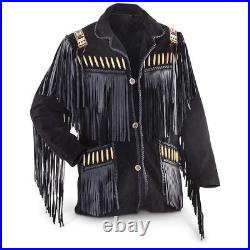 Mens Western Black Leather Wear Cowboy Fringe Native American Coat Jacket