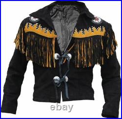 Mens Western Black Suede Leather Wear Cowboy Brown Native American Fringe Jacket