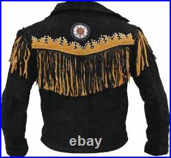 Mens Western Black Suede Leather Wear Cowboy Brown Native American Fringe Jacket