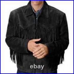 Mens Western Coat Black Suede Cowboy Fringe Native American Casual Jacket Zip Up