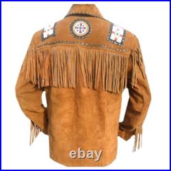 Mens Western Coats Fringed Beads Bones Native American Tan Suede Leather Jackets