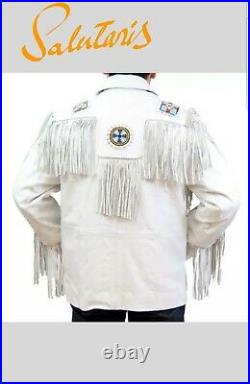 Mens Western Coats Fringes Beads & Bones Native American Suede Leather Jacket 80