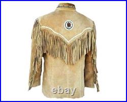 Mens Western Cowboy Beige Buffalo Suede Leather Beaded Fringes Jacket WJ-45