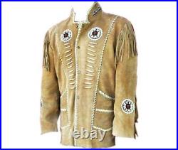 Mens Western Cowboy Beige Buffalo Suede Leather Beaded Fringes Jacket WJ-45