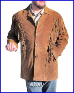 Mens Western Cowboy Cognac Brown Suede Leather Fringe Rendezvous Jacket FJ62