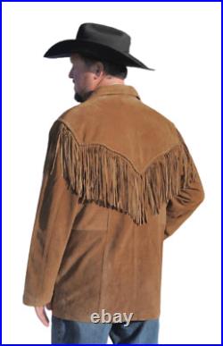 Mens Western Cowboy Cognac Brown Suede Leather Fringe Rendezvous Jacket FJ62