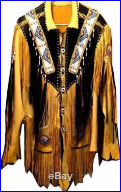 Mens Western Cowboy Jacket Native American Fringe Bead Suede Leather Pancho Coat