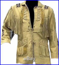 Mens Western Cowhide Leather Jacket With Fringe And Beads Work