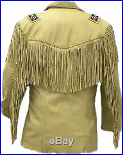 Mens Western Cowhide Leather Jacket With Fringe And Beads Work