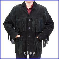 Mens Western Jacket Black Suede Leather Cowboy Traditional Fringe Native Coats