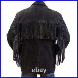 Mens Western Jacket Black Suede Leather Cowboy Traditional Fringe Native Coats