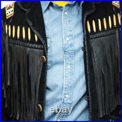 Mens Western Jacket Black Suede Leather Fringed Beads Bones Coats US XS to 4XL