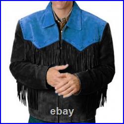 Mens Western Jacket Blue & Black Suede Leather Cowboy Style Fringe American Coat