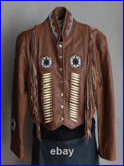 Mens Western Jacket Brown Traditional Cowboy Leather Fringed Bones & Beads Coats Mens Western Jacket Brown Traditional Cowboy Leather Fringed Bones & Beads Coats