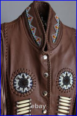 Mens Western Jacket Brown Traditional Cowboy Leather Fringed Bones & Beads Coats Mens Western Jacket Brown Traditional Cowboy Leather Fringed Bones & Beads Coats