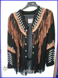 Mens Western Jacket Cowboy Native American Fringe Bones Suede Leather Coats Wear
