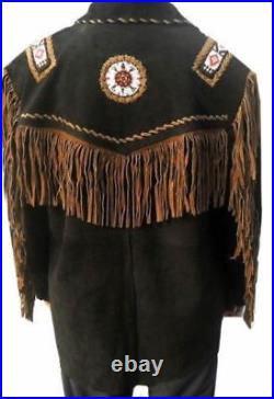 Mens Western Jacket Cowboy Suede Leather Fringes Beads BonesTraditional Coat New