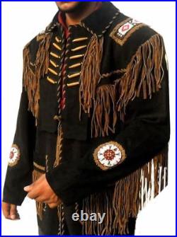Mens Western Jacket Cowboy Suede Leather Fringes Beads BonesTraditional Coat New