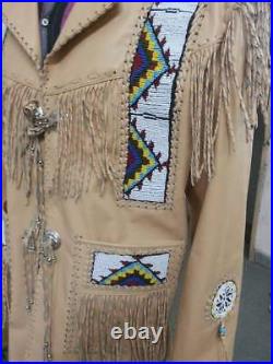 Mens Western Jacket Cowboy Suede Leather Native American Style Fringe Beads Coat