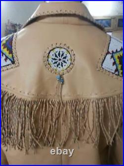 Mens Western Jacket Cowboy Suede Leather Native American Style Fringe Beads Coat